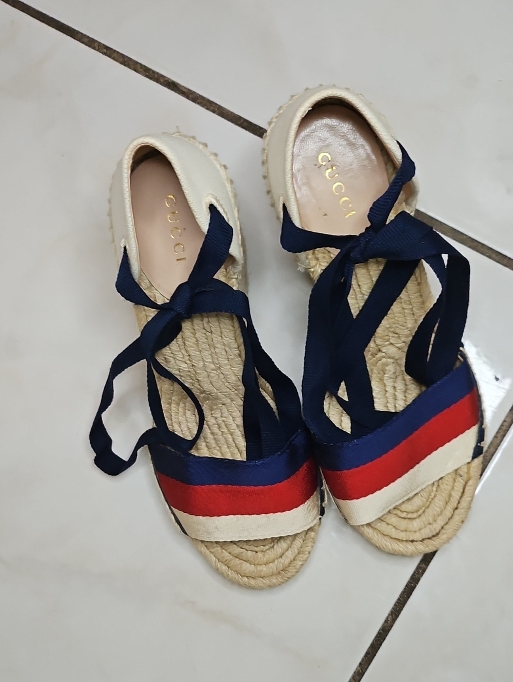 Gucci Navy, Red & Cream Espadrille Lace-Up Flats